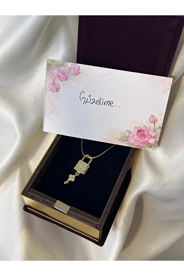 Steel Gold Zirconium Stone Lock Necklace