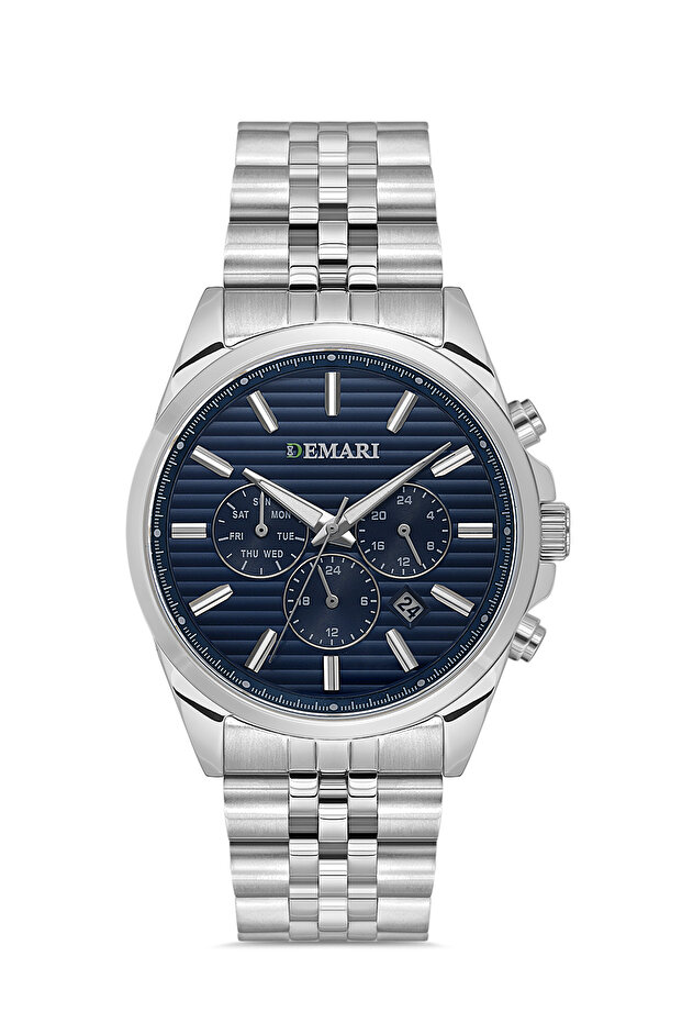 Men's Wristwatch Quartz Movement – Silver Color Steel Band Striped Navy Blue Dial Dm-00113G-A3
