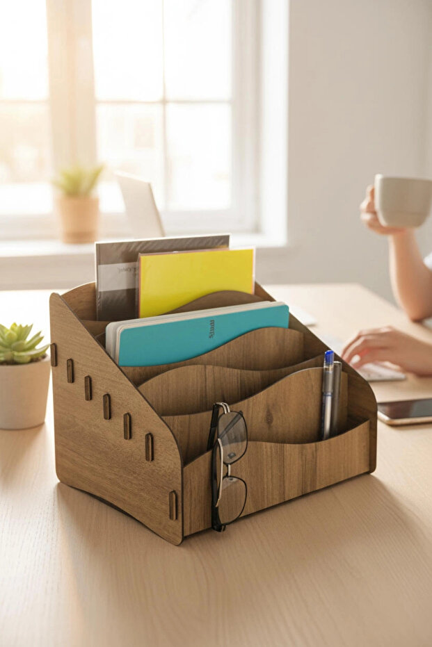 Wooden Desktop Organizer 6-Compartment Document Stand