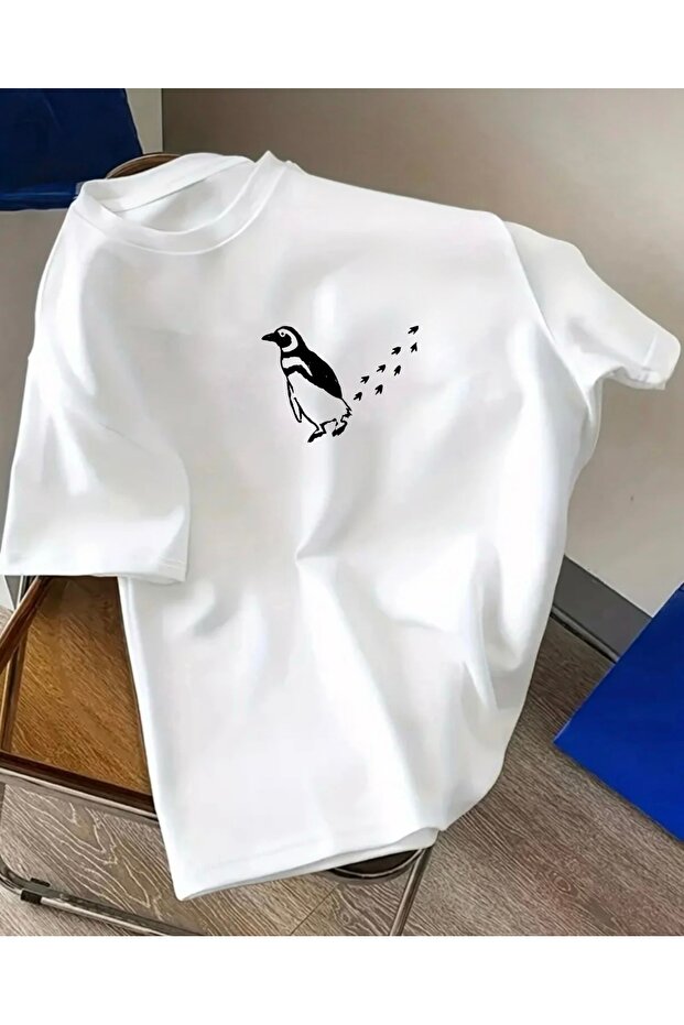 Penguen Printed Unisex Women'S/Men's Oversize Crewneck T-Shirt