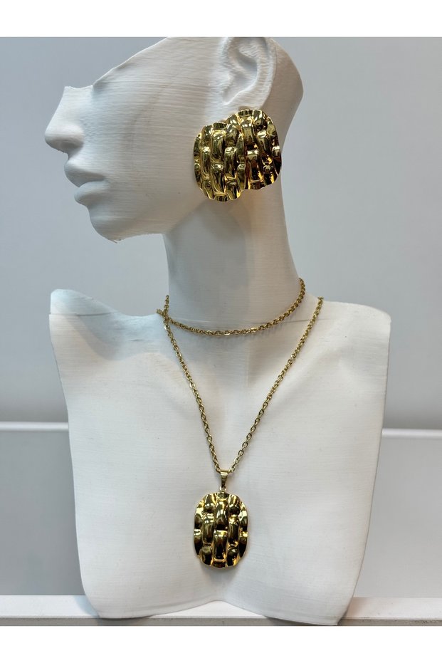 Doro Golden Texture Steel Necklace Earring Set