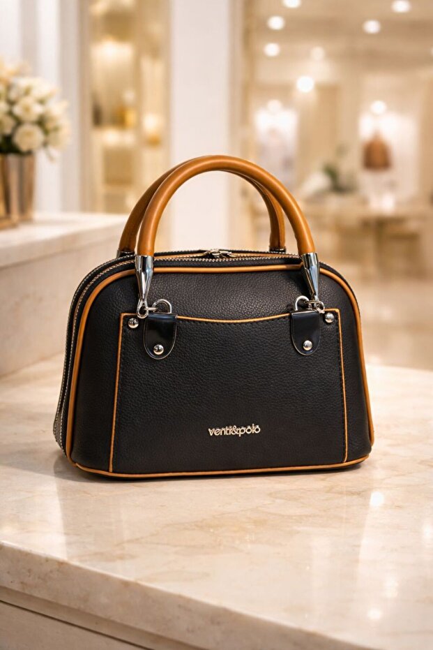 Women's Black Tan Medium Size Shoulder and Hand Bag with Zipper, Daily Stylish, Multi-Compartment