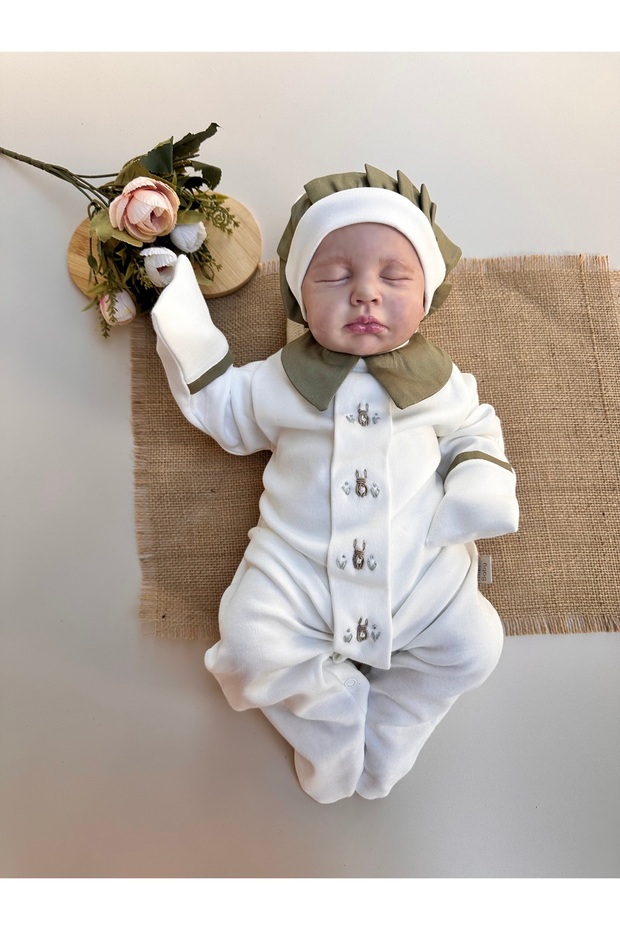 Hand Embroidered Khaki Rabbit Newborn Jumpsuit and Hat - 100% Cotton