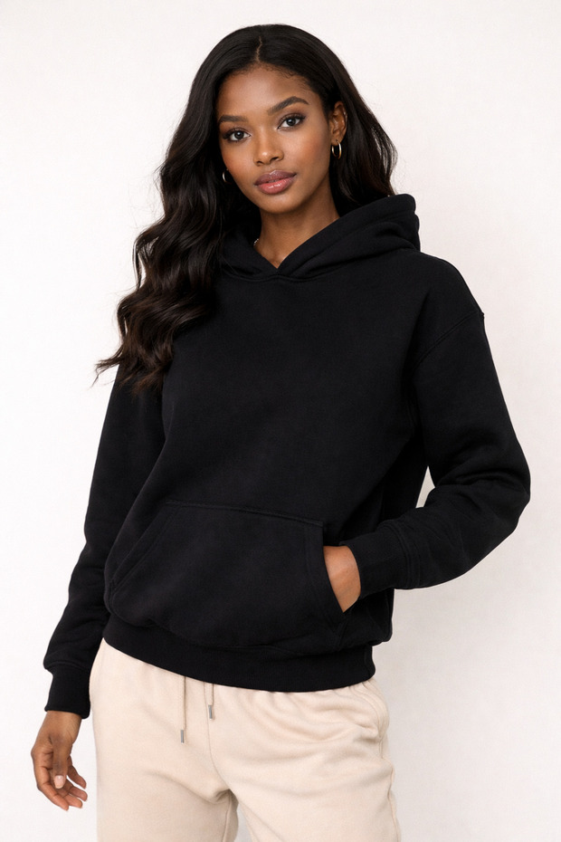 Women's Black Hooded Sweatshirt with Kangaroo Pocket and Cotton Lining for Winter