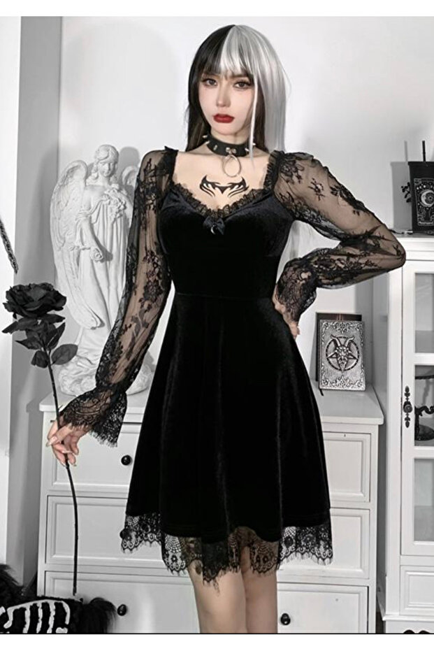 Gothic Velvet Dress with Lace Sleeves