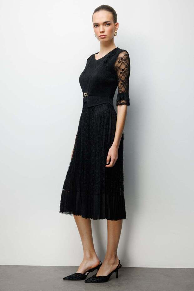 Desenli Dantelli Maxi Elbise - 2