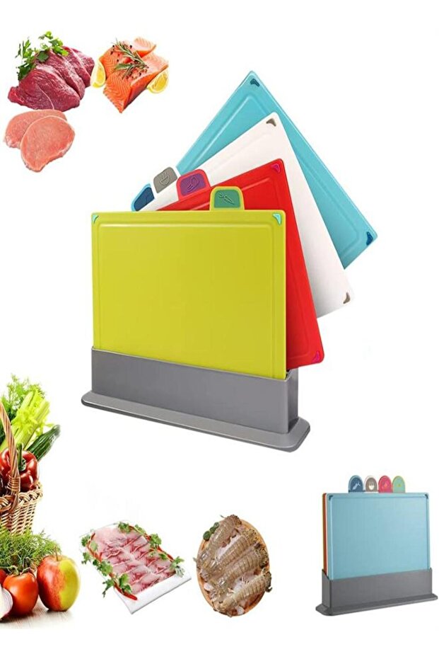 4-piece Non-slip Kitchen Cutting Board Set With Drain Stand and Easy-grip Handles