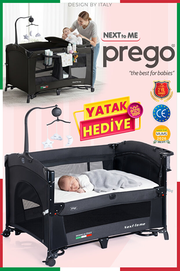 Prego Next To Me 10in1 Anne Yanı Park Yatak Oyun Parkı Sallanır Beşik Yana Açılır 70x120 Cm + Yatak Hediye