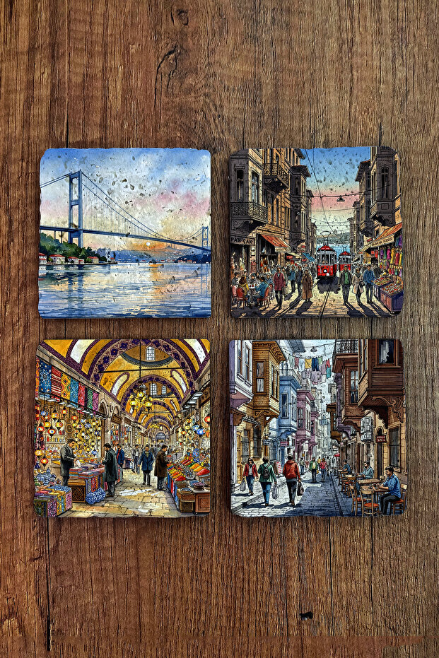 Natural Stone Coasters - Istanbul Themed Coasters 10X10Cm Ai Stone Coasters 591