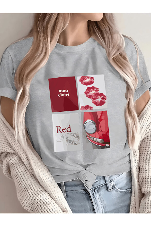 تيشيرت بتصميم مطبوع باللون الأحمر للجنسين من مون شيري