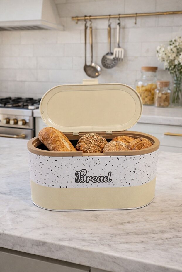 صندوق خبز معدني بنمط رخامي - حاوية تخزين خبز أنيقة وعملية - 3