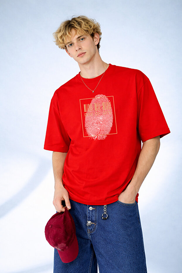 Men's Modern Cyberpunk Style Fingerprint Printed Red T-Shirt