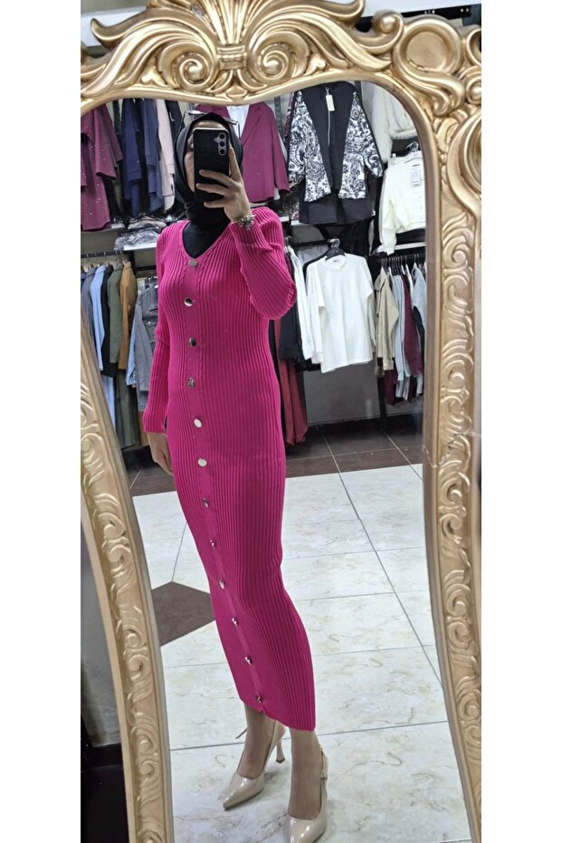 Önden düğmeli triko elbise - 3