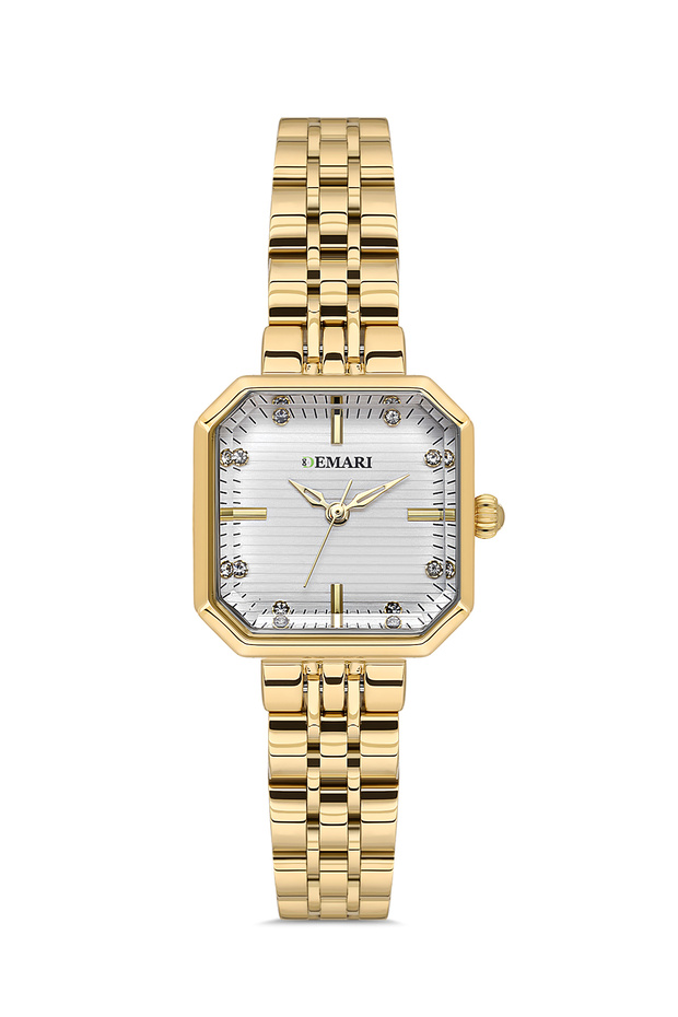 Women's Wristwatch Quartz Movement – Gold Strap Striped White Dial Stone Detail Dm-00114L-B1