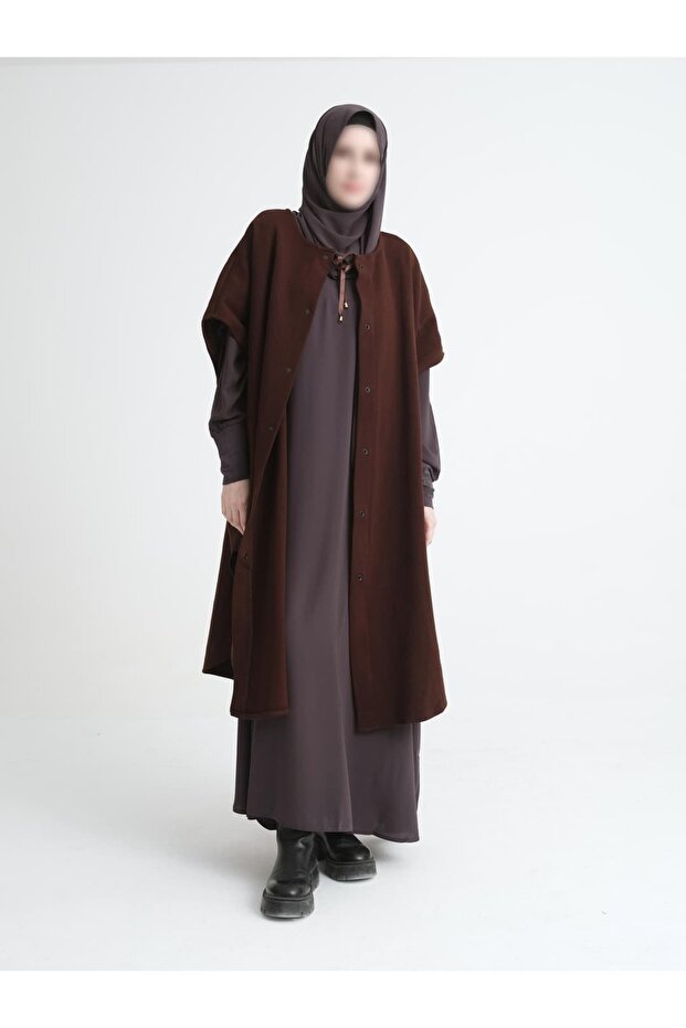 Kalın Çelik Örme Acı Kahve Kurdeleli Panço - 5