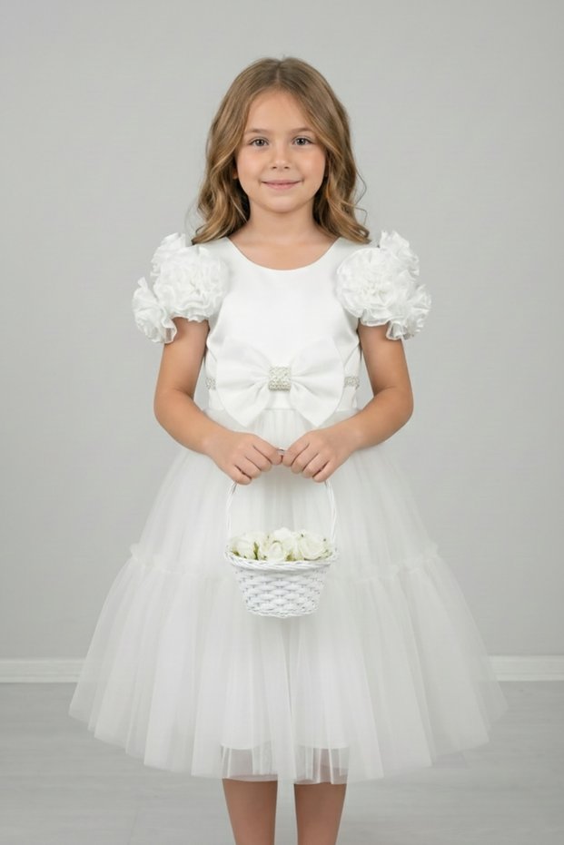 Girl's White Fluffy Tulle Skirted Dress with Rose Detail on the Shoulder & Bow Evening Dress 23 April 29 October