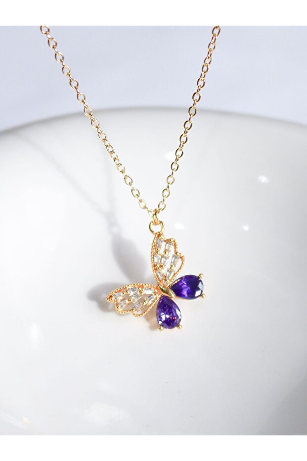 Purple - White Zircon Stone Butterfly Necklace