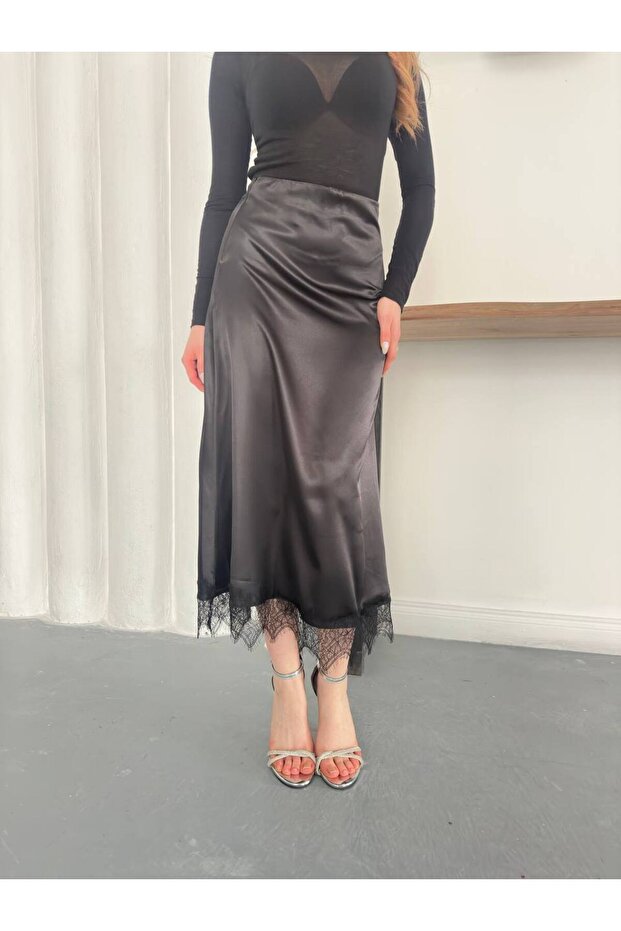 Black Lace-Trim Satin Skirt