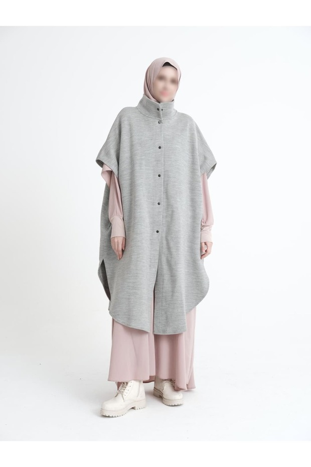 Kalın Çelik Örme Açık Gri Hakim Yakalı Panço - 7