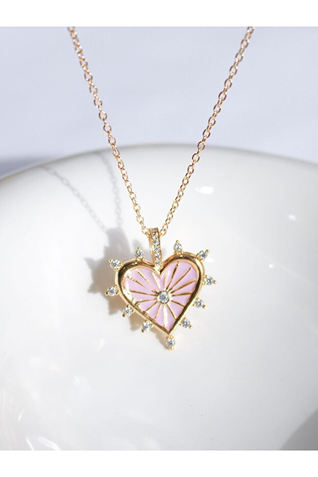Pink Heart Necklace with White Zircon Stone