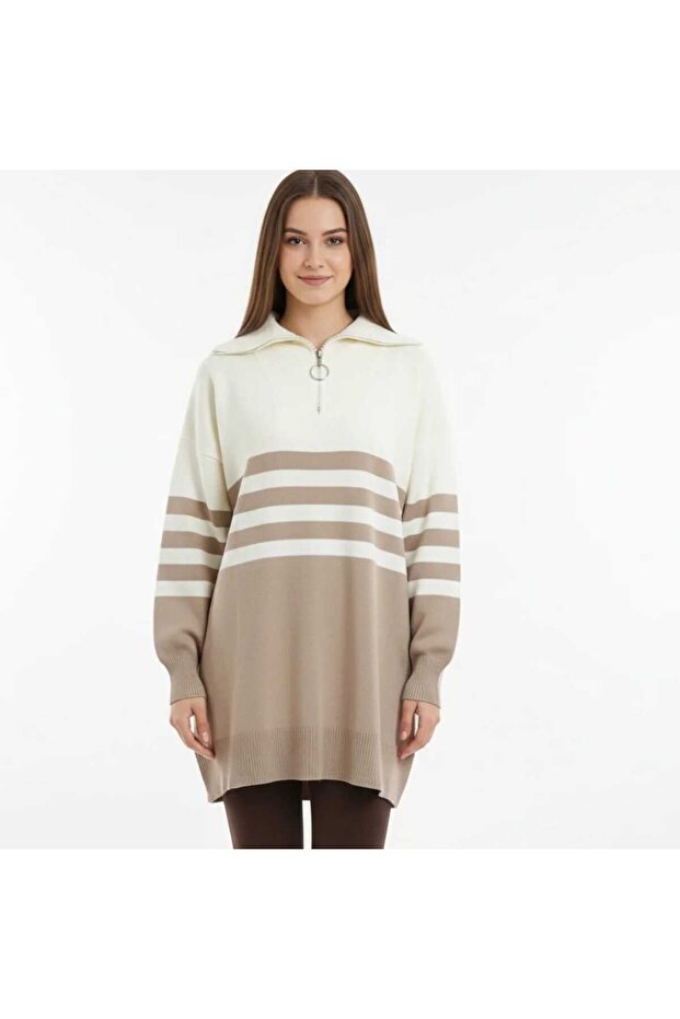 Fermuarlı çizgili triko - 1
