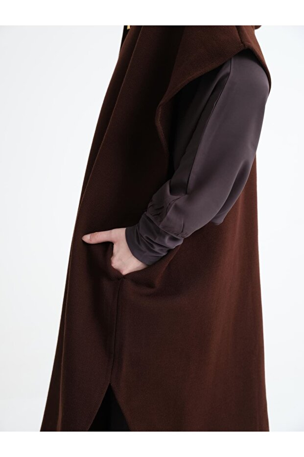 Kalın Çelik Örme Acı Kahve Kurdeleli Panço - 3