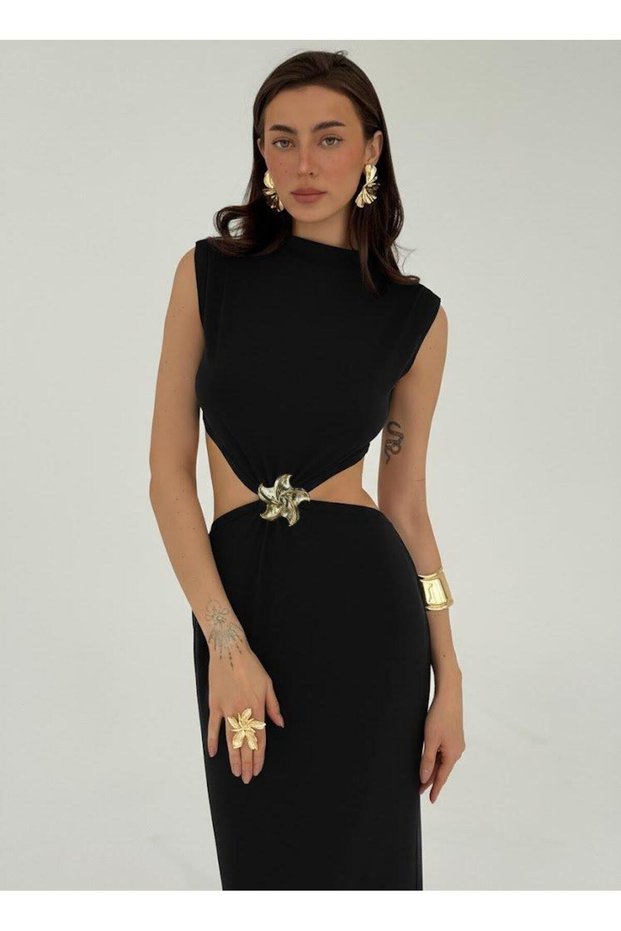 Black Cut-Out Detail Sleeveless Long Dress - Evening Elegance and Event Wear