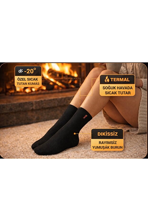 6' Pair of Black Unisex Thermal Seamless Towel Socks