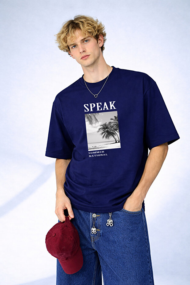 Men's Speak Summer National Printed Palm Pattern Crew Neck Navy Blue T-Shirt