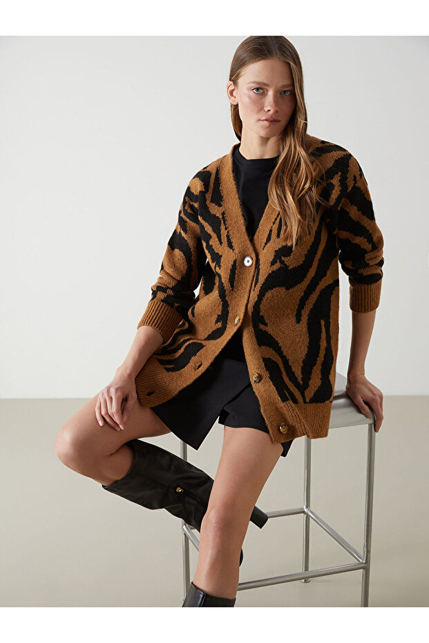 V-Neck Patterned Women's Knitwear Cardigan