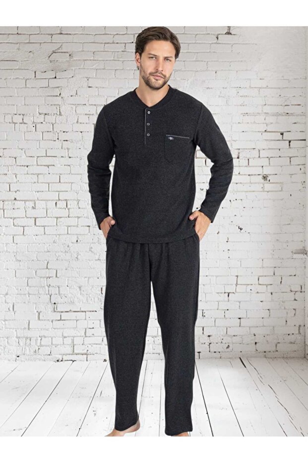 100% Cotton Thessaloniki Knitted Long Sleeve Men's Pajama Set Winter Anthracite
