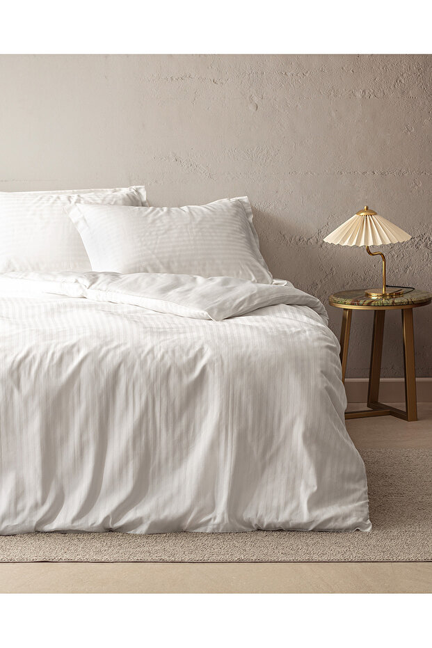 Elicia Double 100% Cotton Striped Satin Duvet Cover Set - Ecru