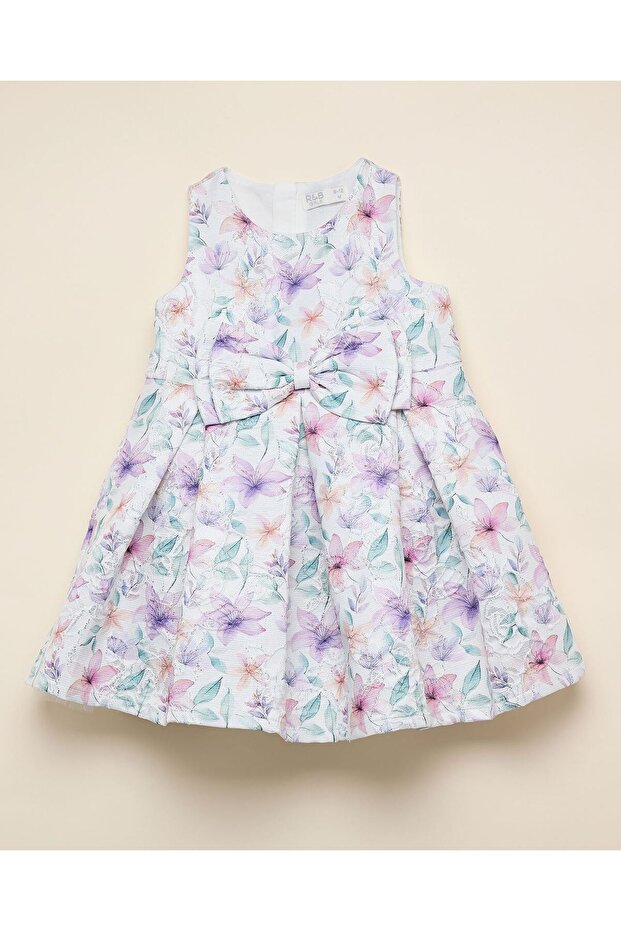 Printed Bow Detail Sleeveless A-Line Dress with Crew Neck