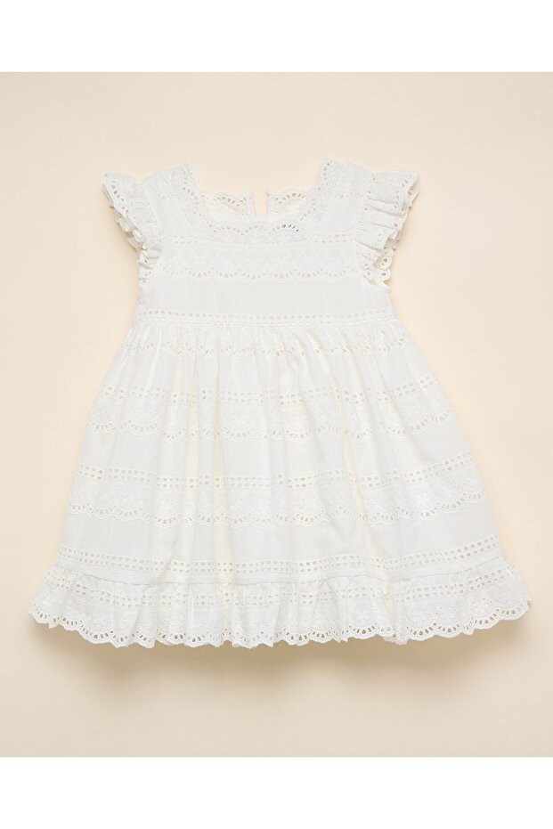 Schiffli A-Line Dress with Square Neck with Ruffle Sleeves