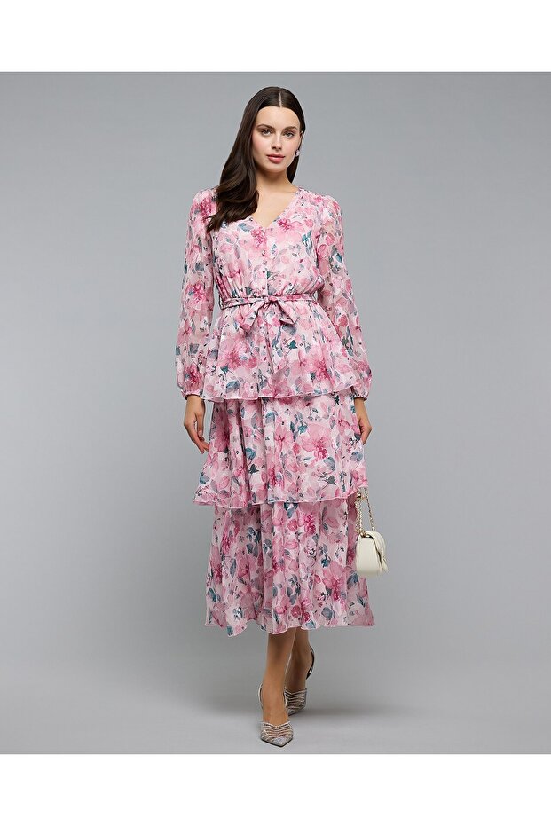 Floral Patterned Midi Dress with V-Neck and Long Sleeves
