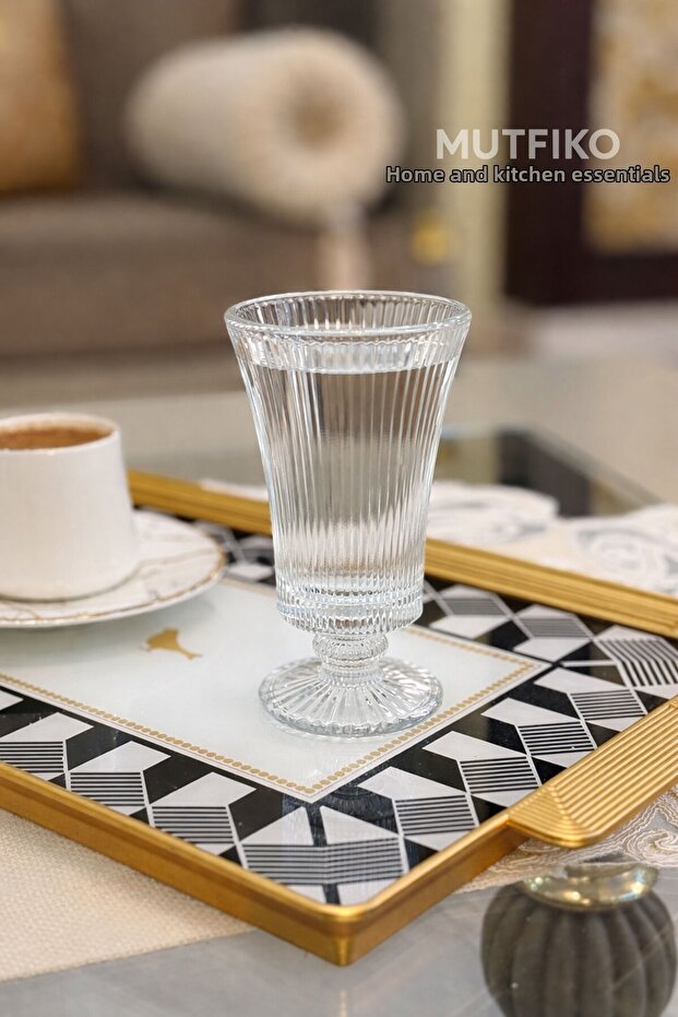 110 ml Striped Patterned Glass Cup Set of 6 – Transparent Footed Presentation & Coffee Cup