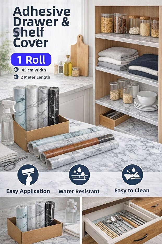 1 Roll 2 Meters X 45 cm ❤️ Waterproof Kitchen Bathroom Floor Marble Tile Adhesive Foil Covering