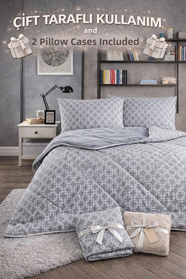 Double Welsoft Fleece Duvet | Free 2 Pillowcases, Reversible - Gray Chain