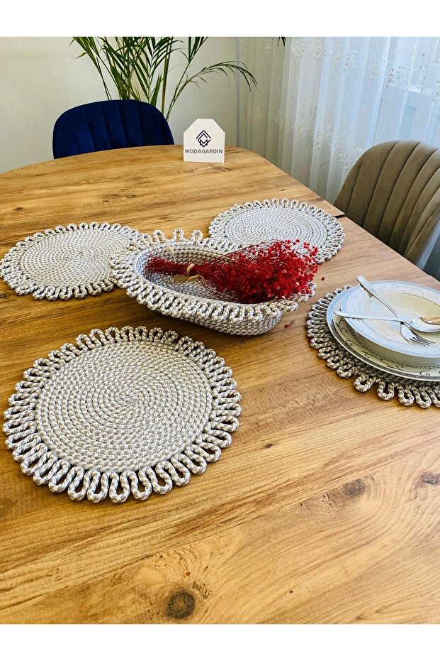Jute Straw Presentation Plate Mat, American Serving Tray and Basket, 5 Pieces
