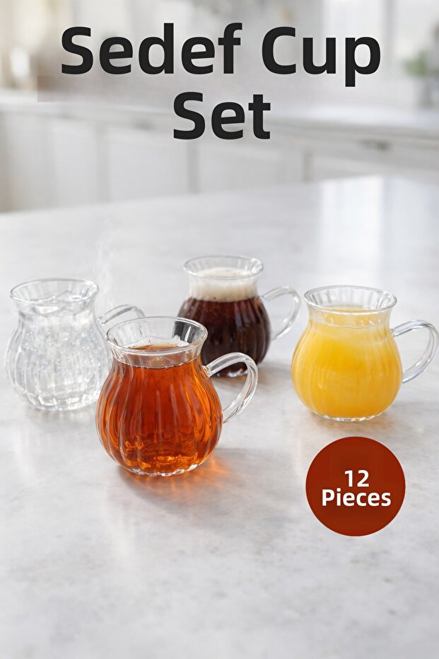 Set of 12 200 ml Borosilicate Glass Cups with Handles and Line Pattern, Heat Resistant Transparent Kw-727