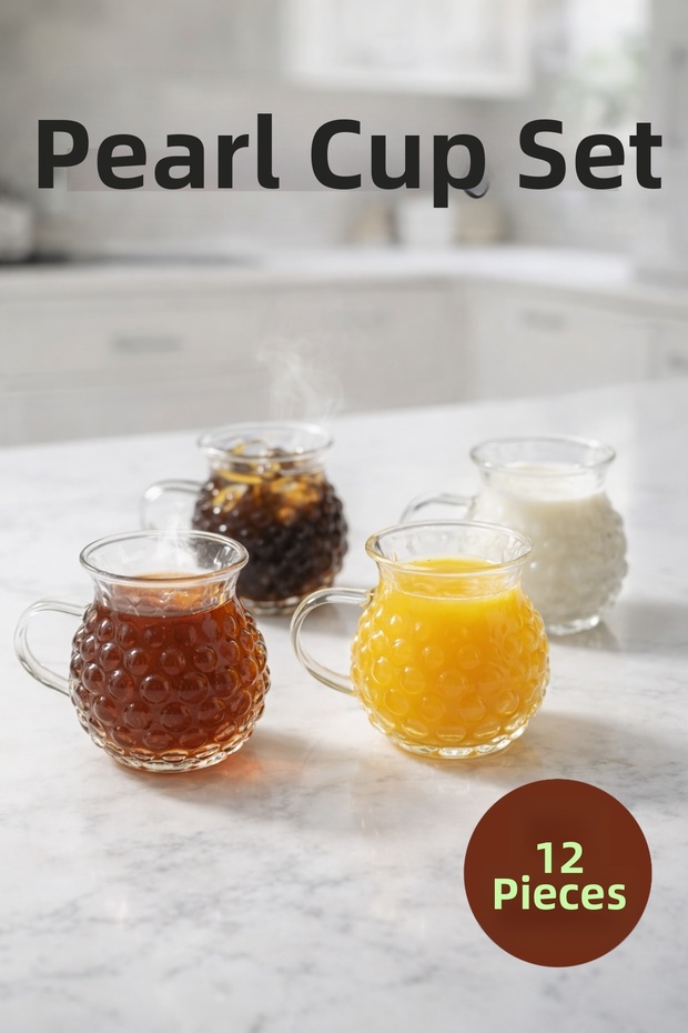 Set of 12 200 ml Borosilicate Patterned Glass Pearl Cups Heat Resistant Transparent Kw-729