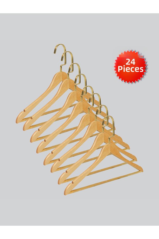 Wooden (Gold Hook Lama) Bar Hangers for Shirts and Trousers, Natural Color, 24 Pieces