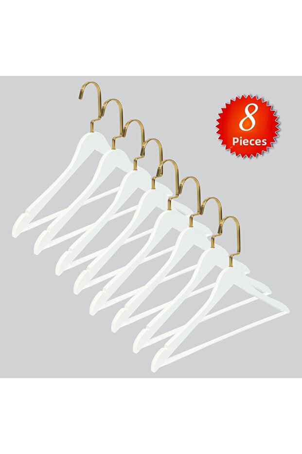 Wooden (Gold Hook Lama) Bar Hanger for Shirts and Trousers, White Color, 8 Pieces
