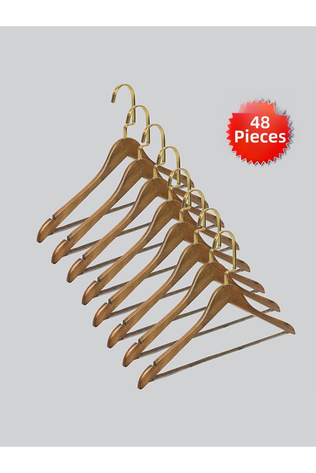 Wooden (Gold Hook Lama) Bar Hanger for Shirts and Trousers, Walnut Color, 48 Pieces