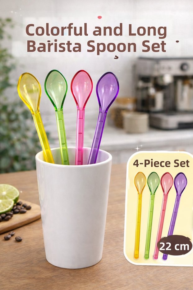 Set of 4 Colorful Long Barista Spoons | Acrylic Mixing Spoon | Compatible with All Cups