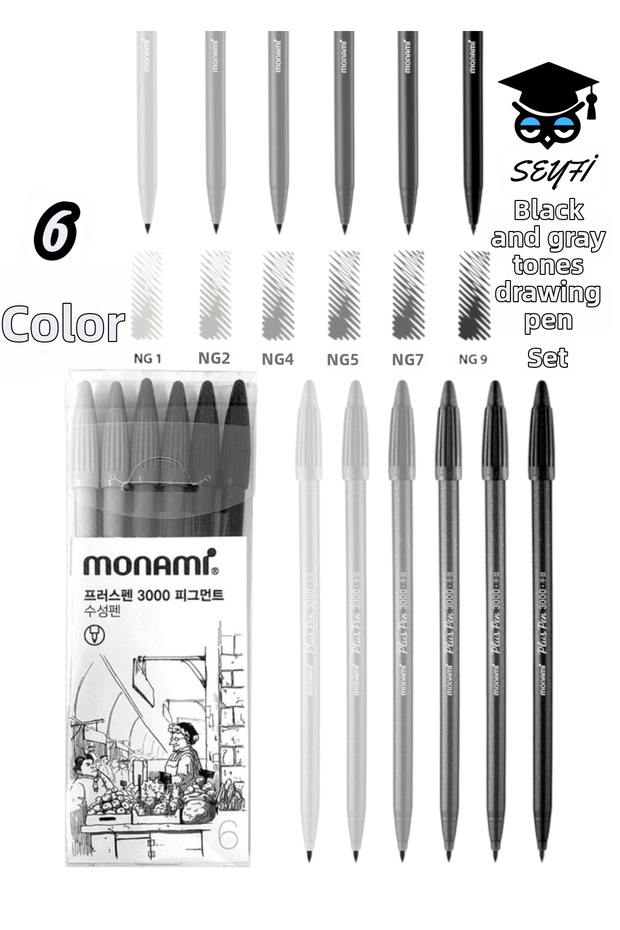 Monami 6 colors black and gray color tone drawing pen set 0.4 mm fine tip