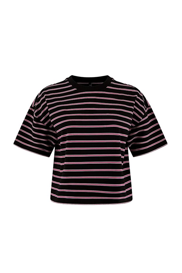Teen Çok Renkli Çizgili Boxy/Relaxed Kalıp Kısa Kollu Pamuk Karışımlı Örme T-Shirt TWOSS26TS00048 - 5