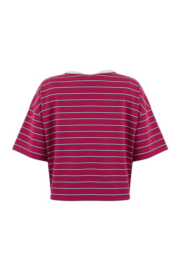 Teen Kırmızı Çizgili Boxy/Relaxed Kalıp Kısa Kollu Tok Pamuk Karışımlı Örme T-Shirt TWOSS26TS00048 - 6