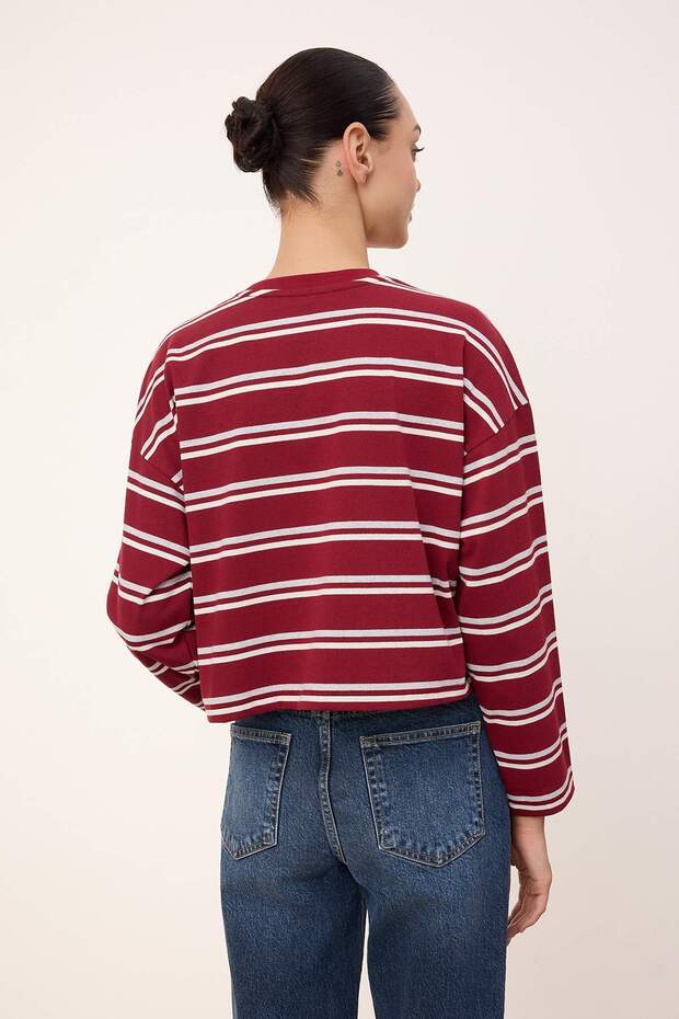 Wardrobe Essentials-Bordo Çizgili Relaxed/Rahat Kalıp Örme T-Shirt TWOSS26TS00019 - 4