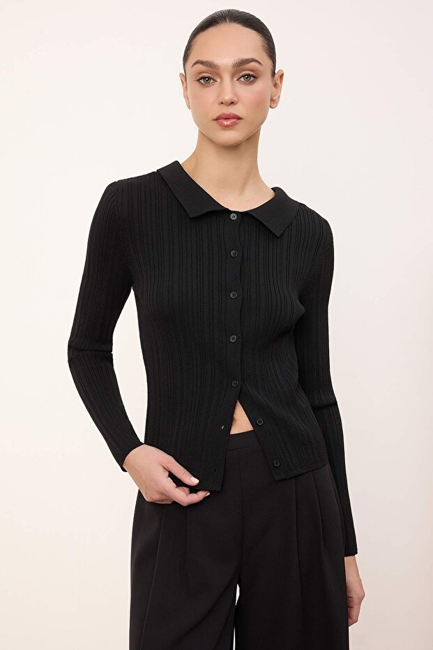 Siyah Wardrobe Essentials Premium İplik Çift Taraflı Giyilebilen Bluz Triko Hırka TWOSS26HI00012